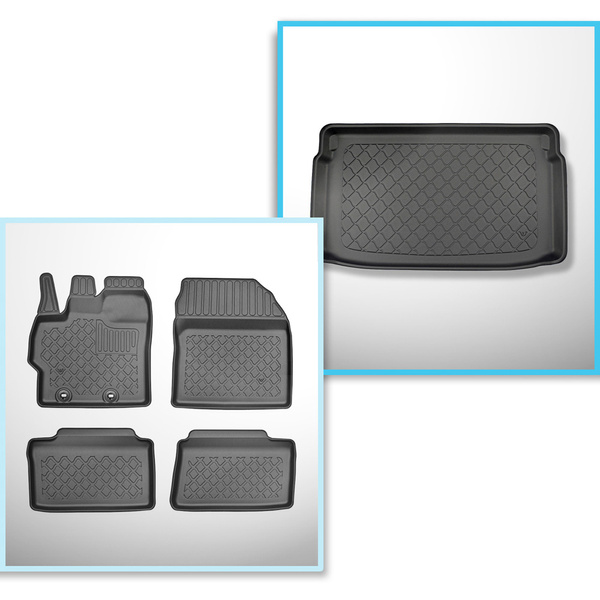 Sada rohož do zavazadlového prostoru a autokoberečky TPE na míru do: Toyota Yaris IV Hatchback (11.2020-....) - horní zavazadlový prostor; pro automobily s dvojitou podlahou v zavazadlovém prostoru; také pro hybridy